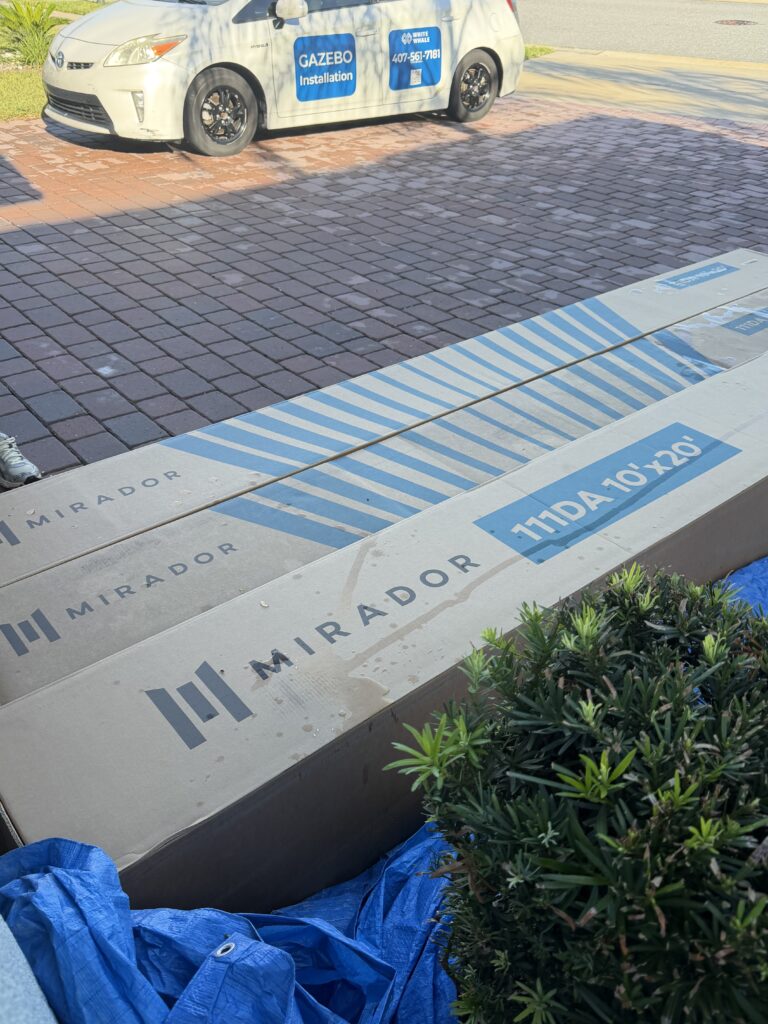 Mirador pergola parts and materials prepared for installation